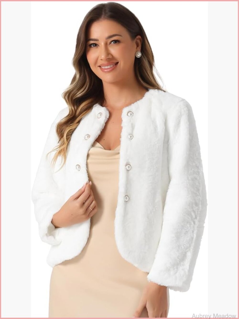 Faux Fur Coat Long Sleeve Cropped Cardigan Pearl Buttons Winter Outerwear